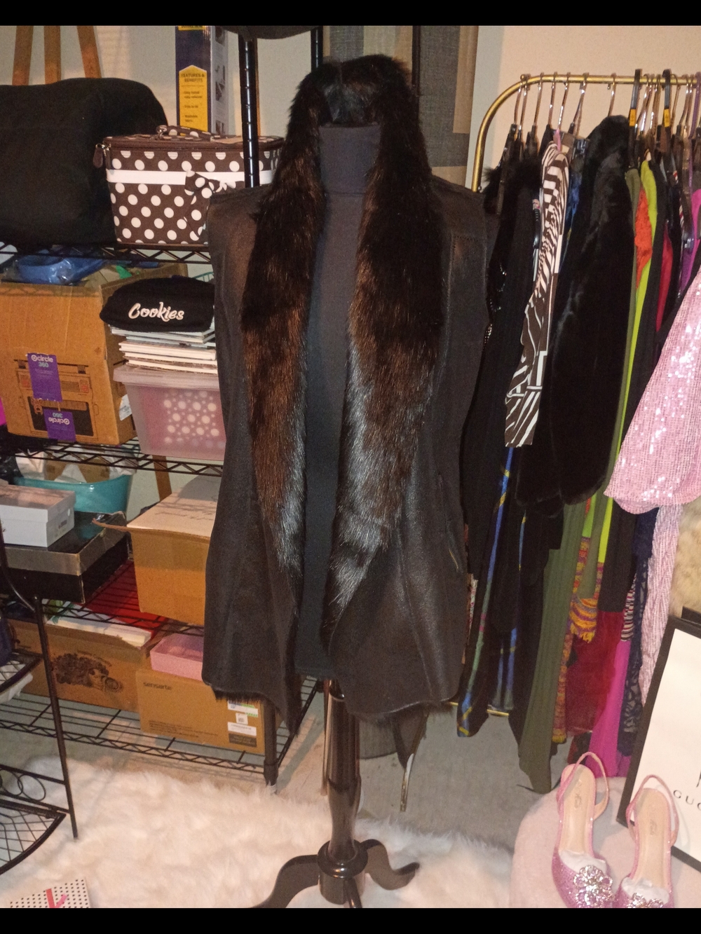 IMAN Platinum Collection Black Vest with Dark Fur Trim